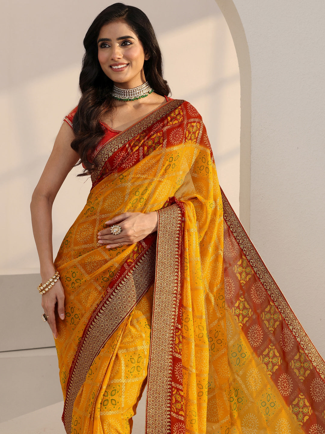 Mustard Print Pre Draped Georgette Gharchola Saree 