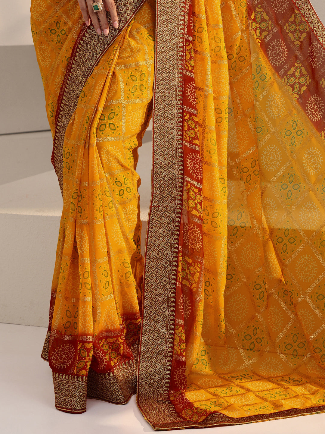  Mustard Print Pre Draped Georgette Gharchola Saree 
