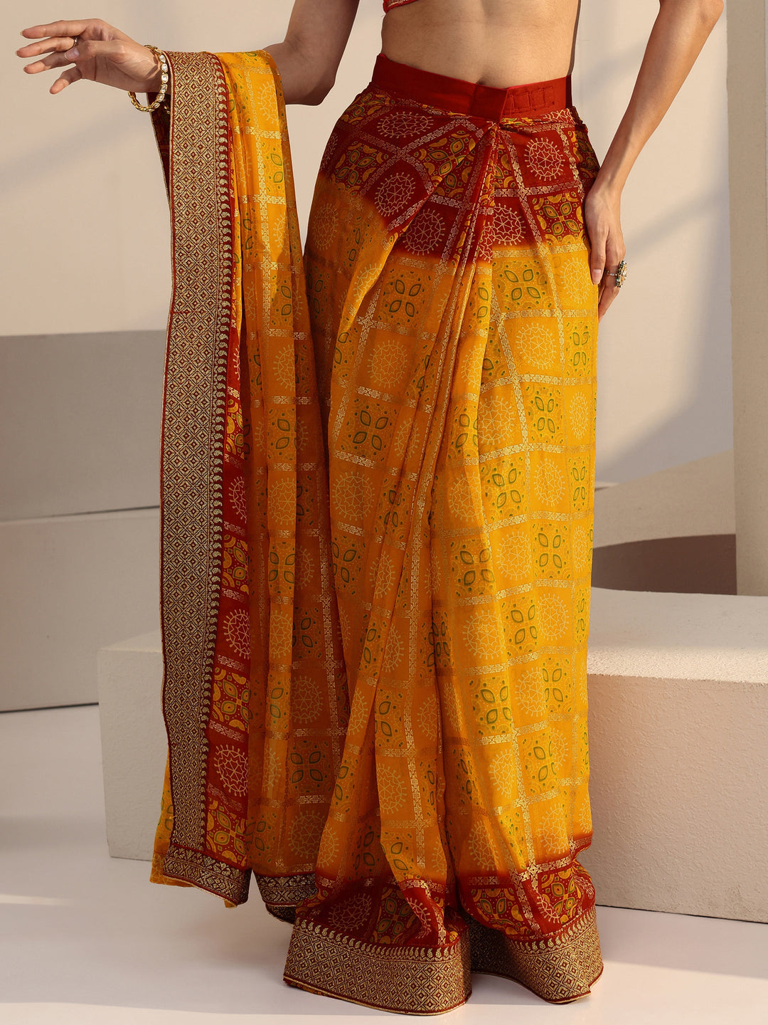  Mustard Print Pre Draped Georgette Gharchola Saree 