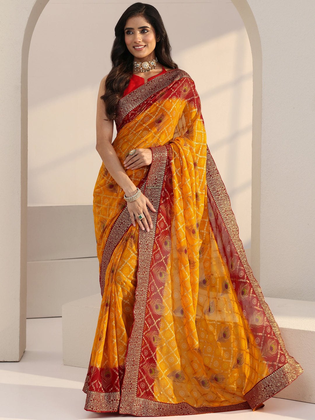  Mustard Bandhani Print Pre Draped Georgette Gharchola Saree 