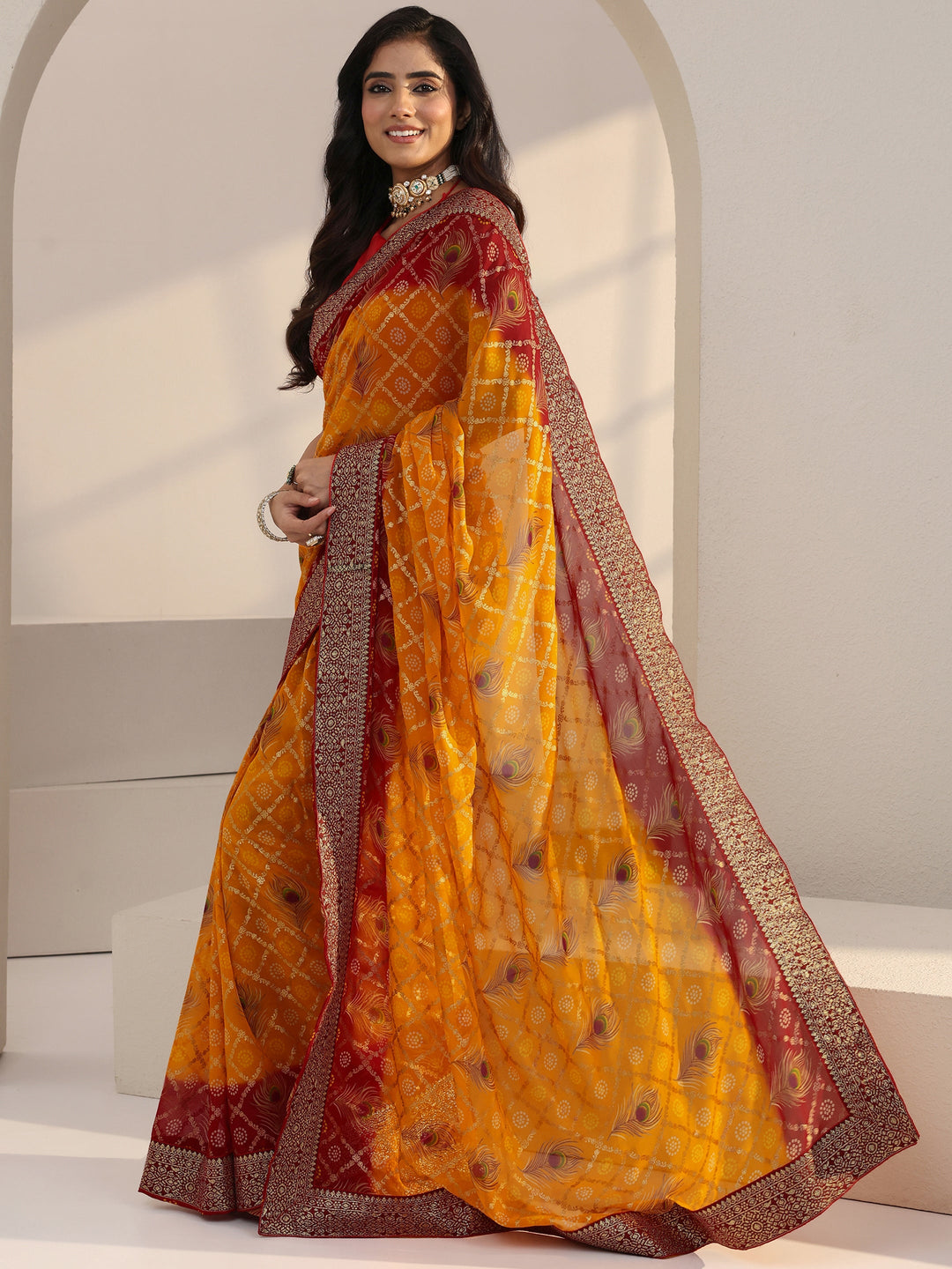  Mustard Bandhani Print Pre Draped Georgette Gharchola Saree 