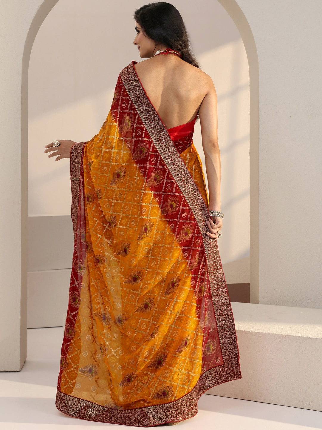  Mustard Bandhani Print Pre Draped Georgette Gharchola Saree 