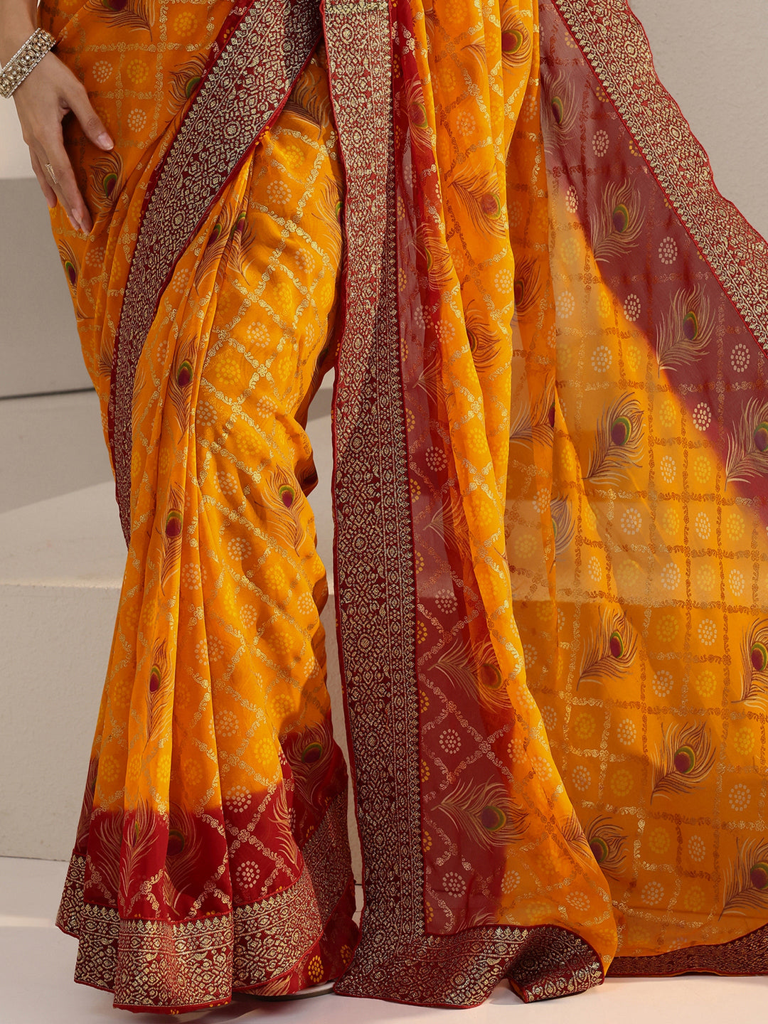  Mustard Bandhani Print Pre Draped Georgette Gharchola Saree 