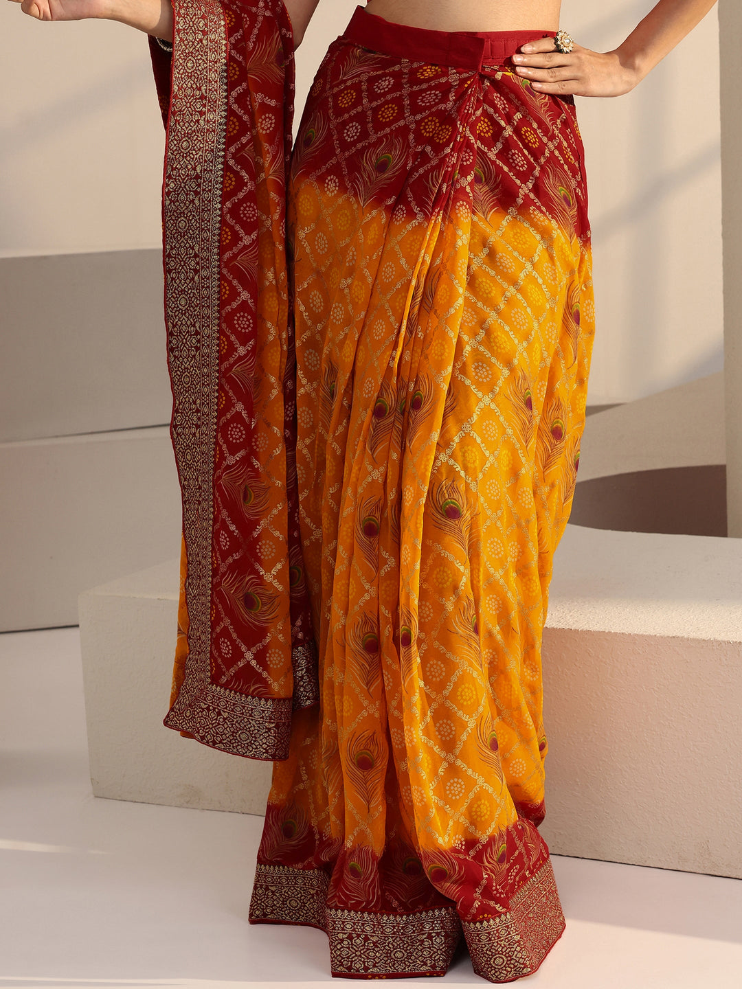  Mustard Bandhani Print Pre Draped Georgette Gharchola Saree 
