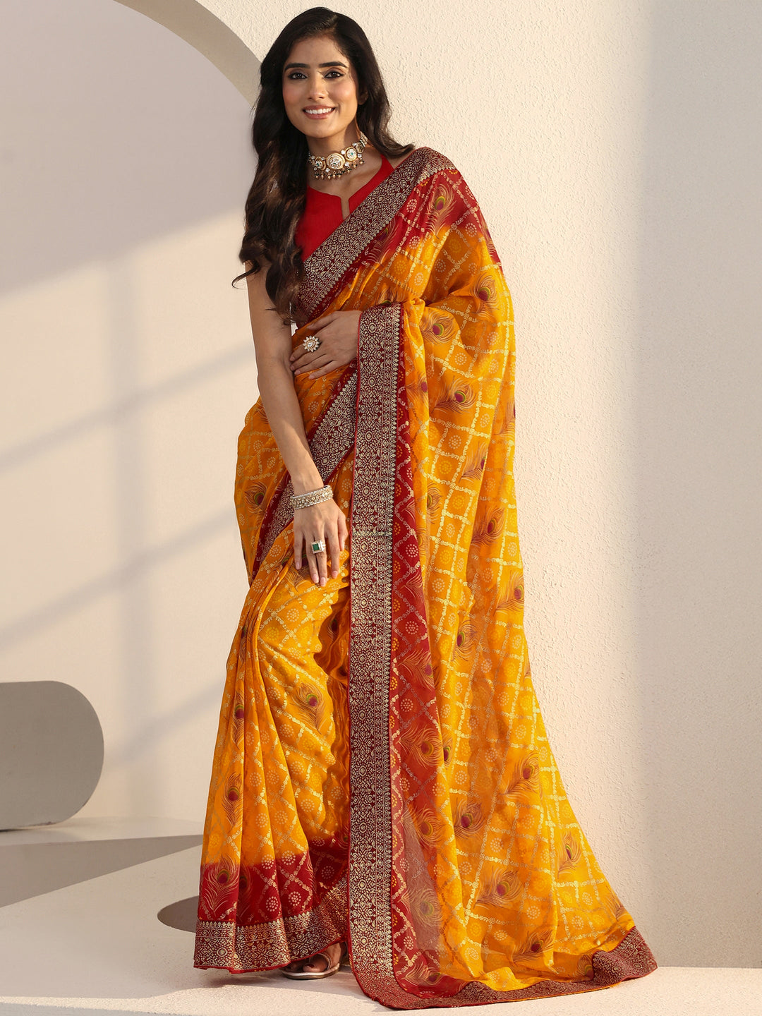  Mustard Bandhani Print Pre Draped Georgette Gharchola Saree 