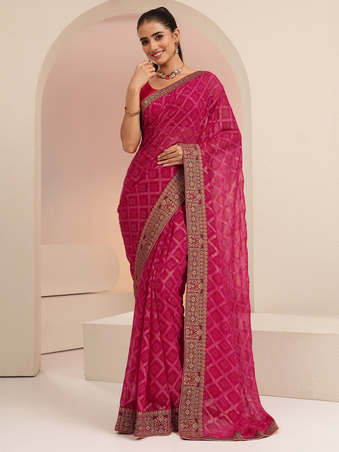  Rani Pink Bandhani Printed Georgette Pre Draped Saree 
