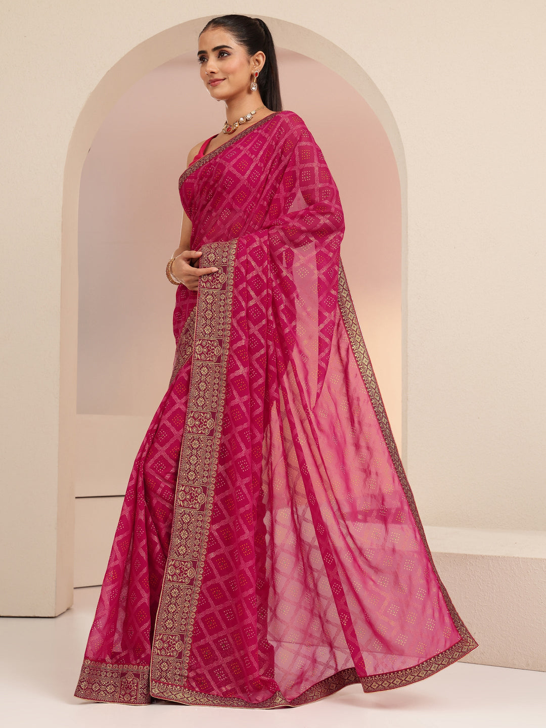  Rani Pink Bandhani Printed Georgette Pre Draped Saree 