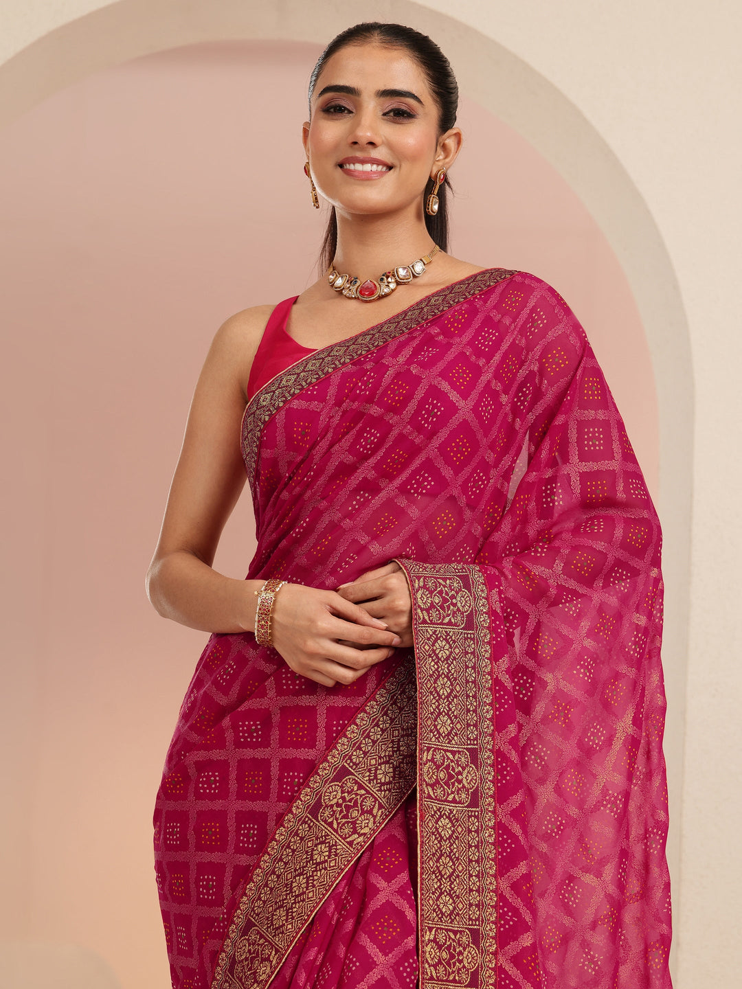  Rani Pink Bandhani Printed Georgette Pre Draped Saree 