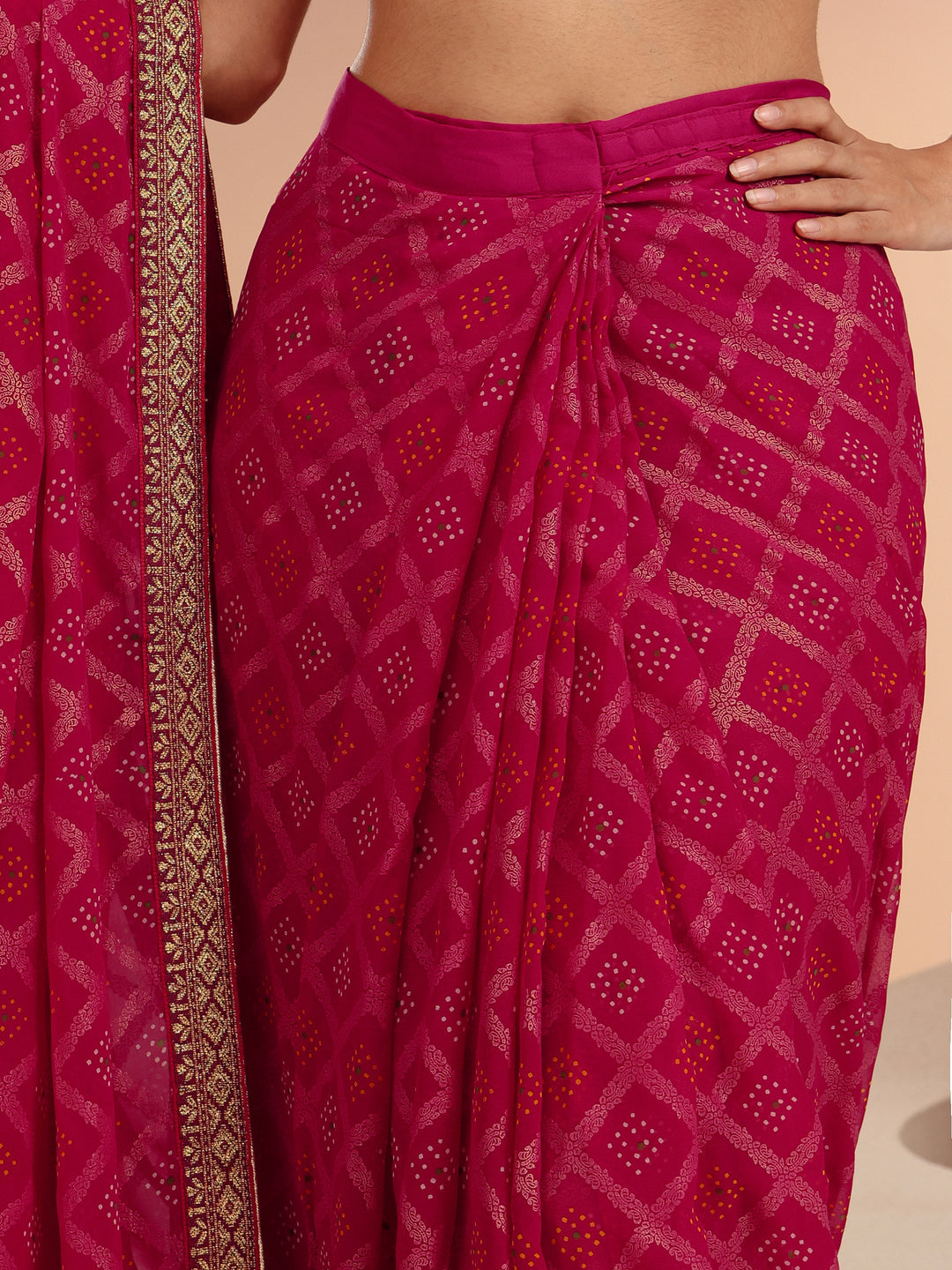  Rani Pink Bandhani Printed Georgette Pre Draped Saree 