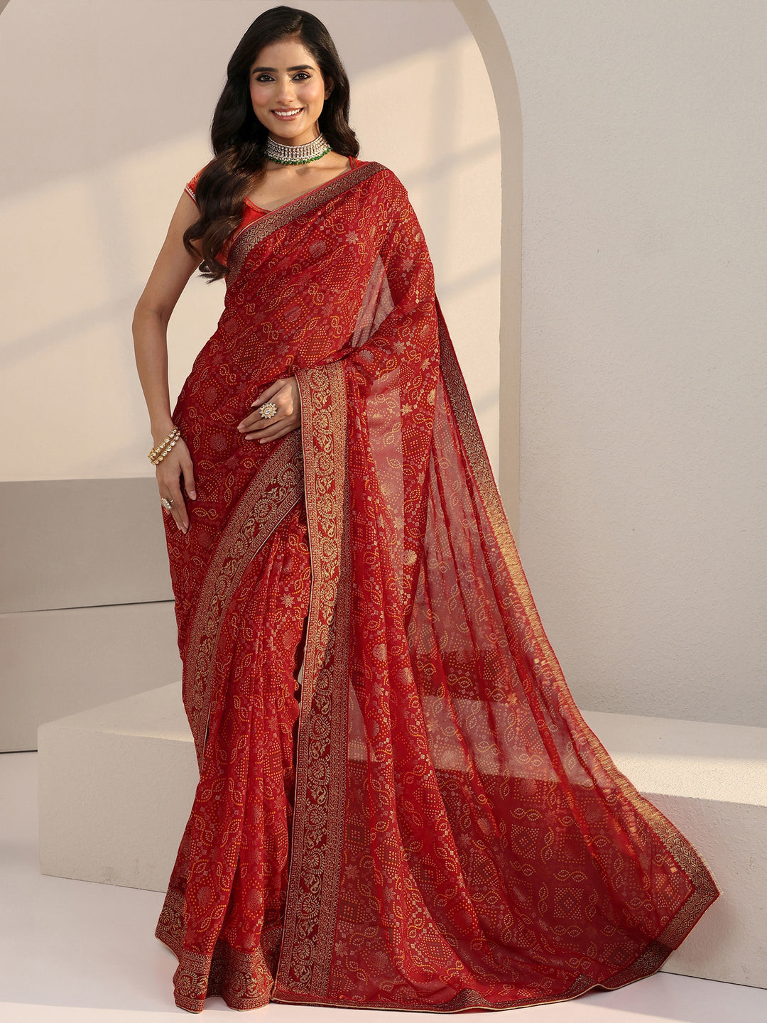  Red Bandhani Printed Georgette Pre Draped Saree 