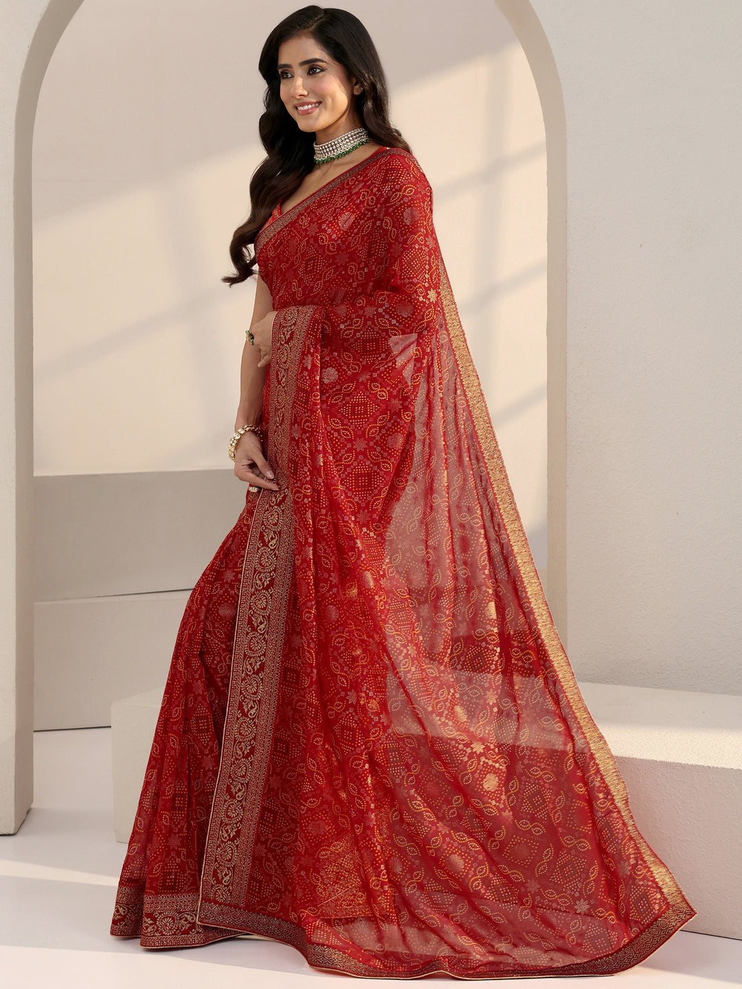  Red Bandhani Printed Georgette Pre Draped Saree 