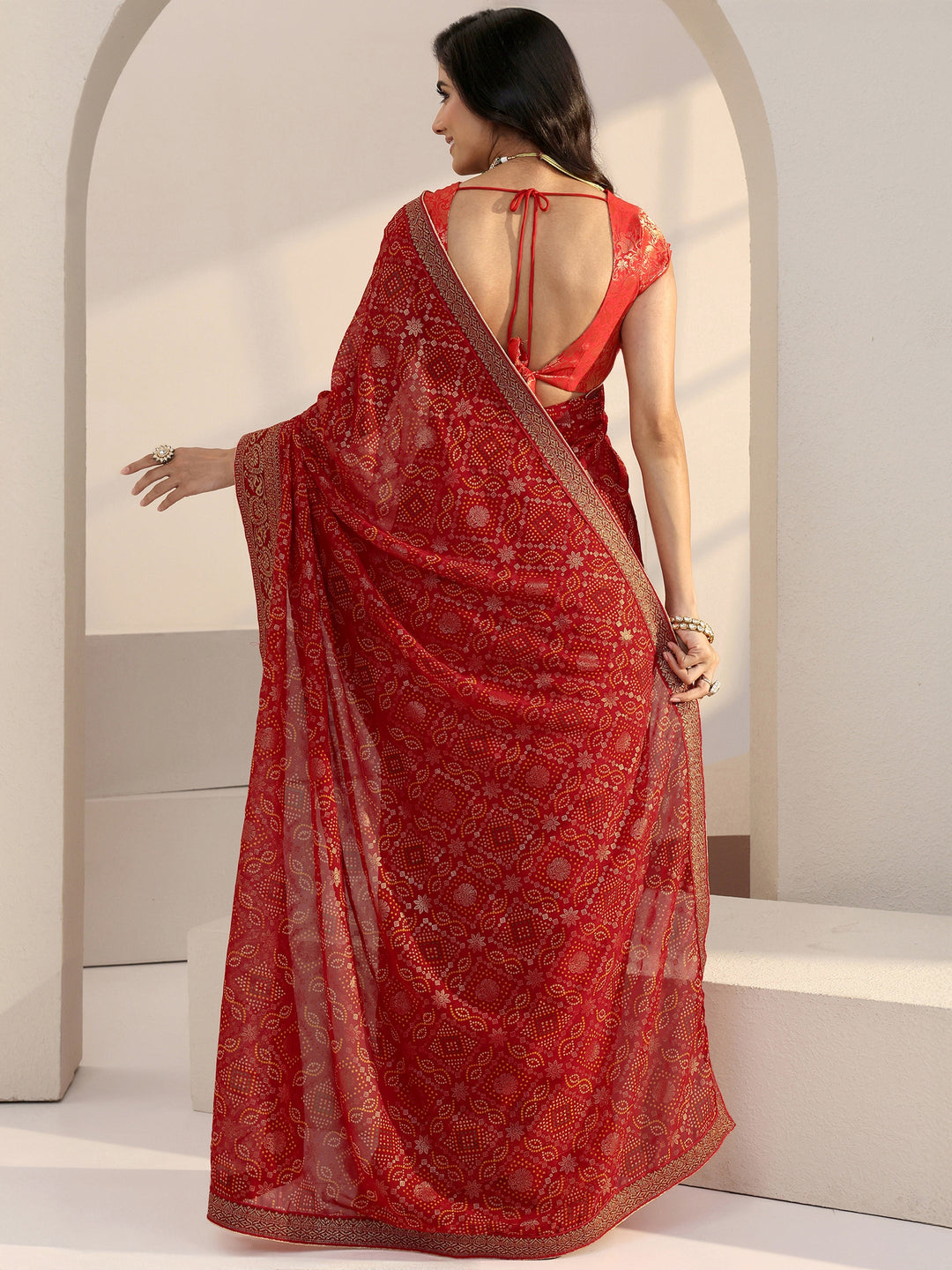  Red Bandhani Printed Georgette Pre Draped Saree 