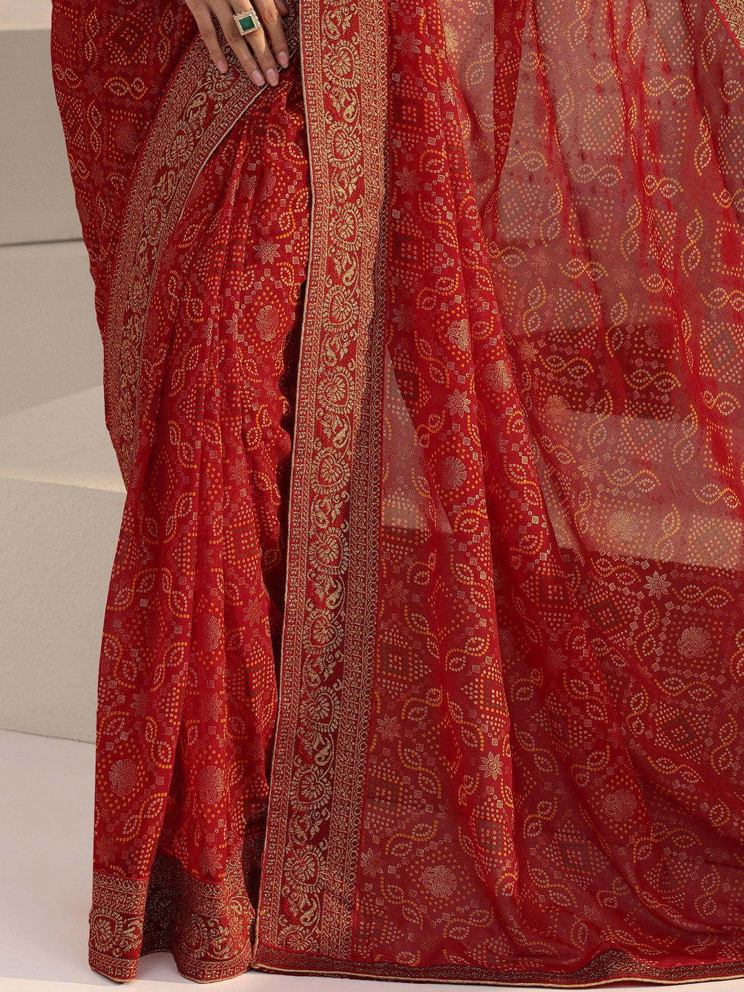  Red Bandhani Printed Georgette Pre Draped Saree 