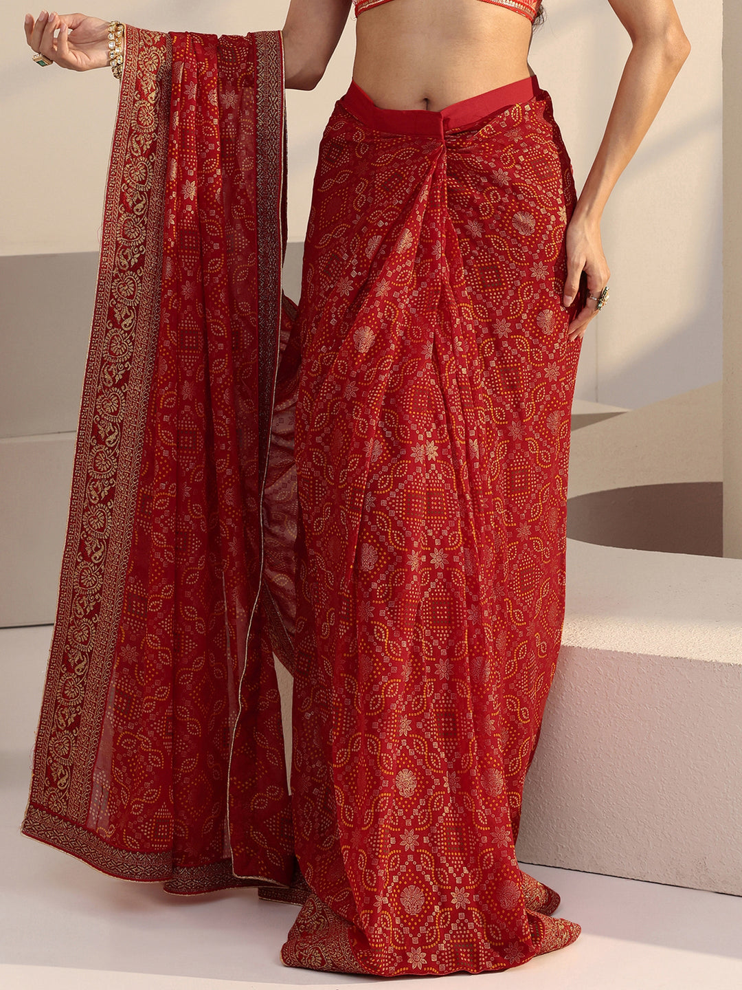  Red Bandhani Printed Georgette Pre Draped Saree 