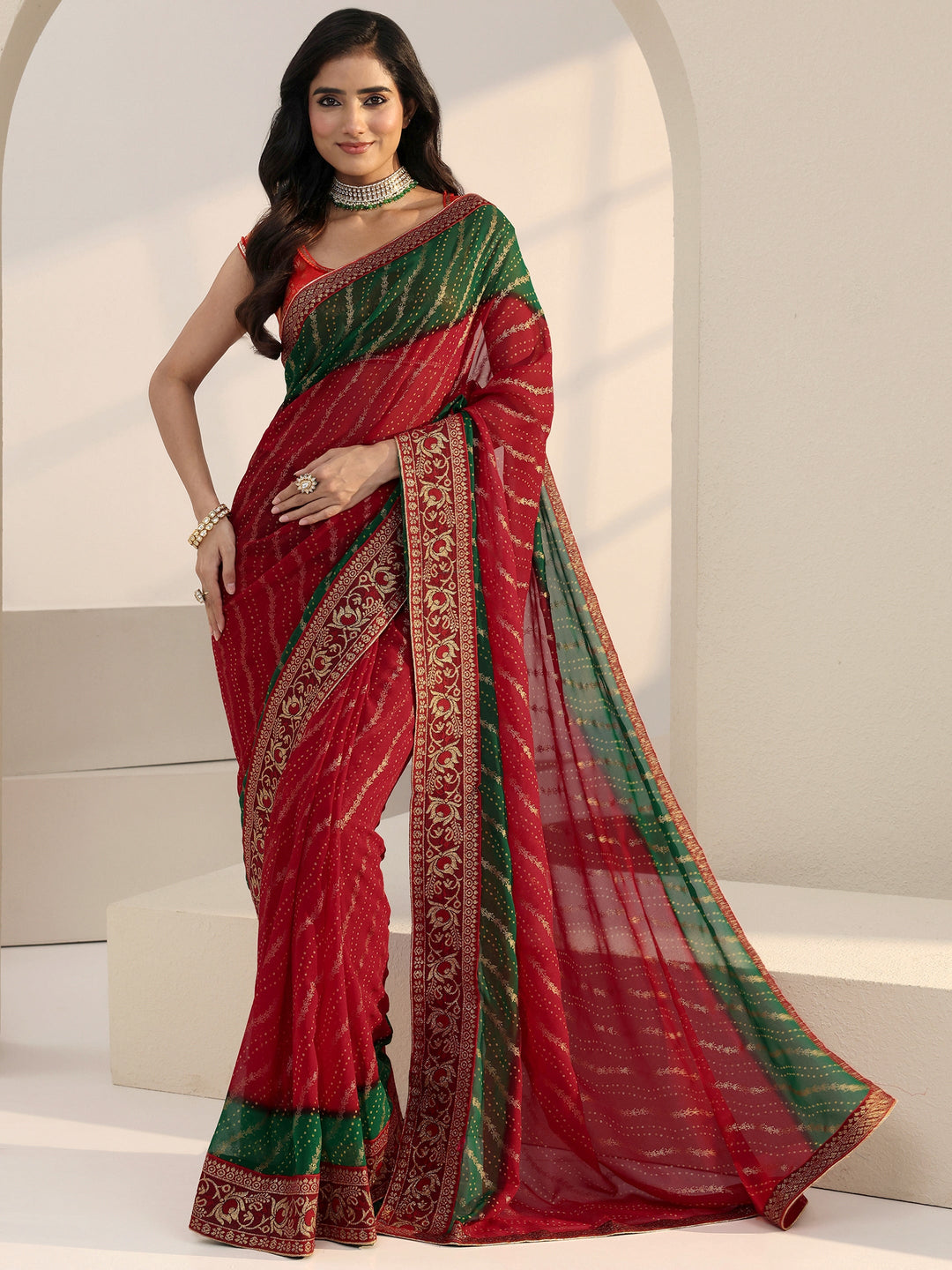  Ombre Red and Green Printed Georgette Pre Draped Saree 