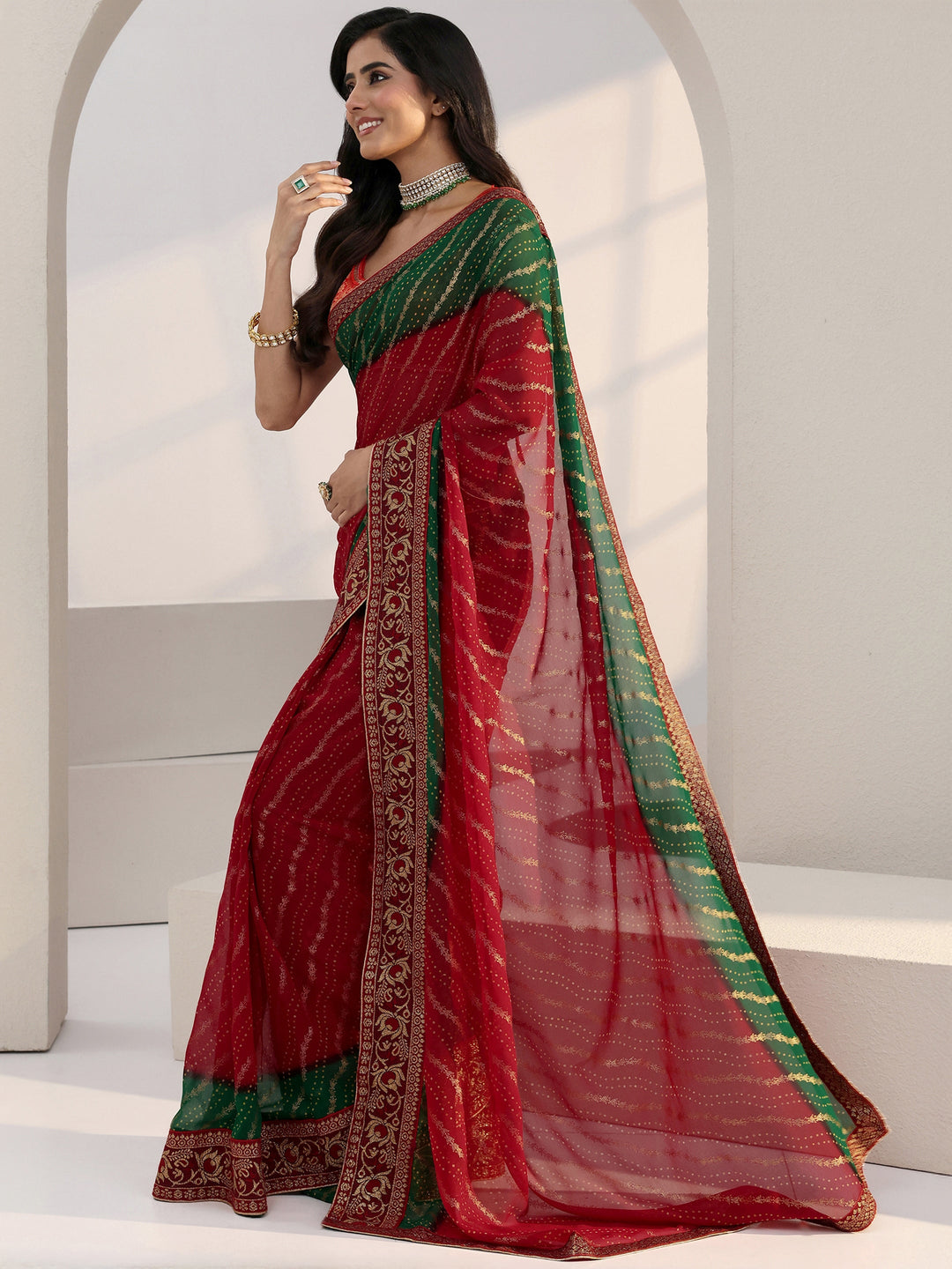  Ombre Red and Green Printed Georgette Pre Draped Saree 