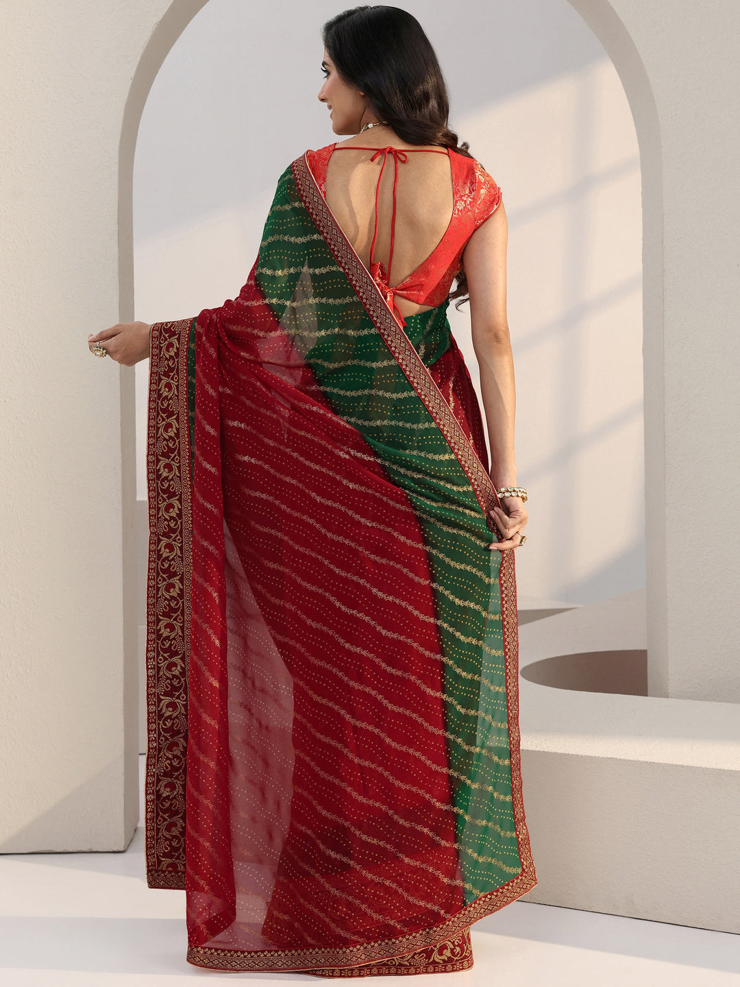  Ombre Red and Green Printed Georgette Pre Draped Saree 