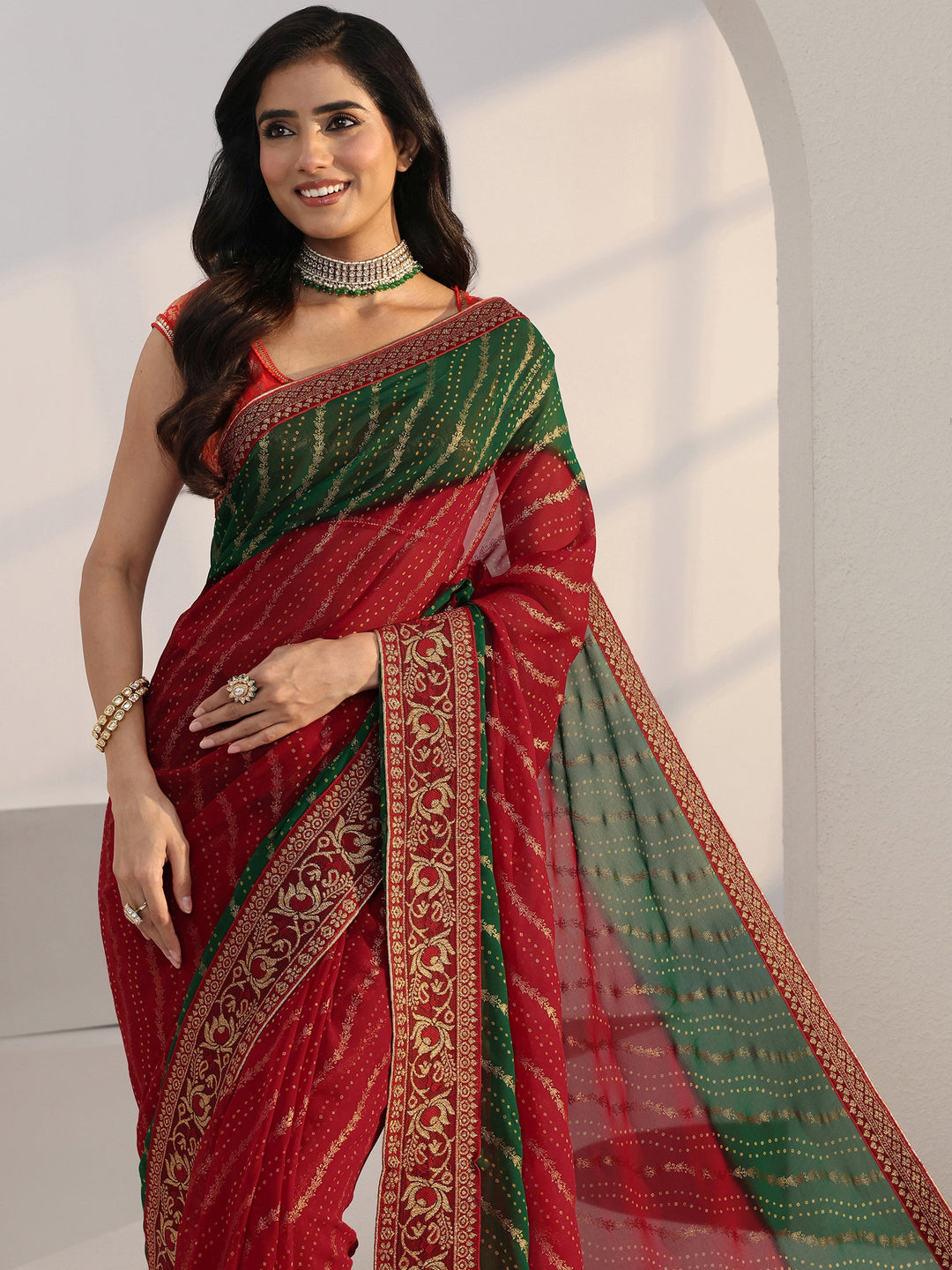 Ombre Red and Green Printed Georgette Pre Draped Saree 