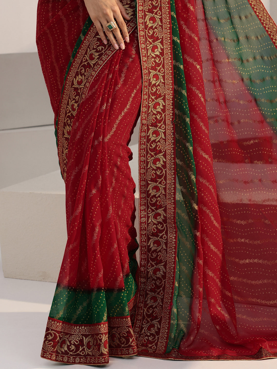  Ombre Red and Green Printed Georgette Pre Draped Saree 