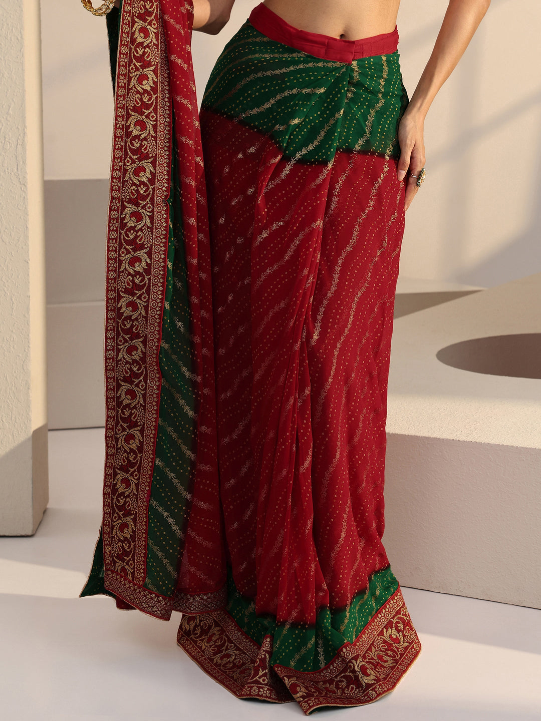  Ombre Red and Green Printed Georgette Pre Draped Saree 