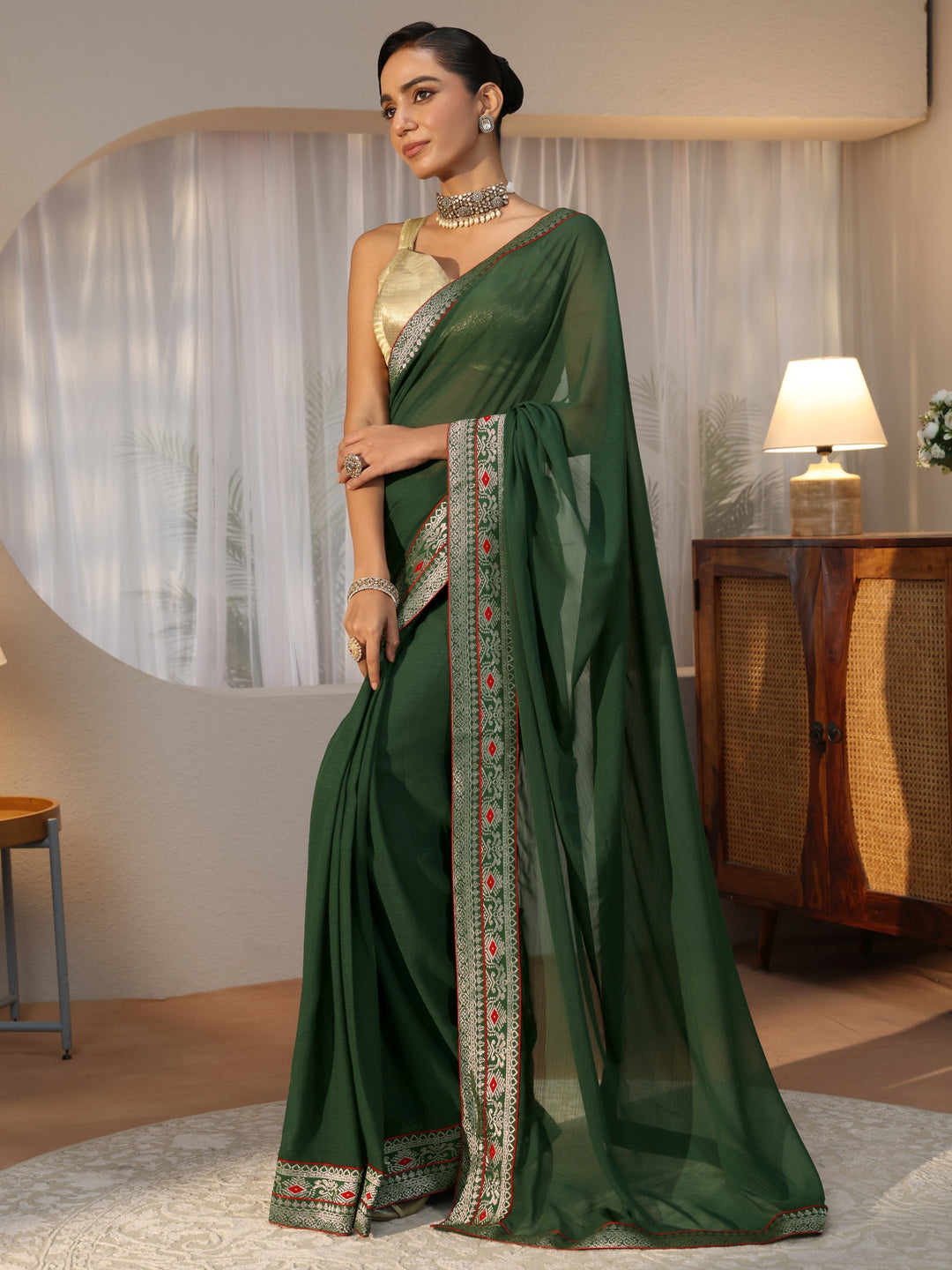  Bottle Green Chiffon Pre Draped Saree 