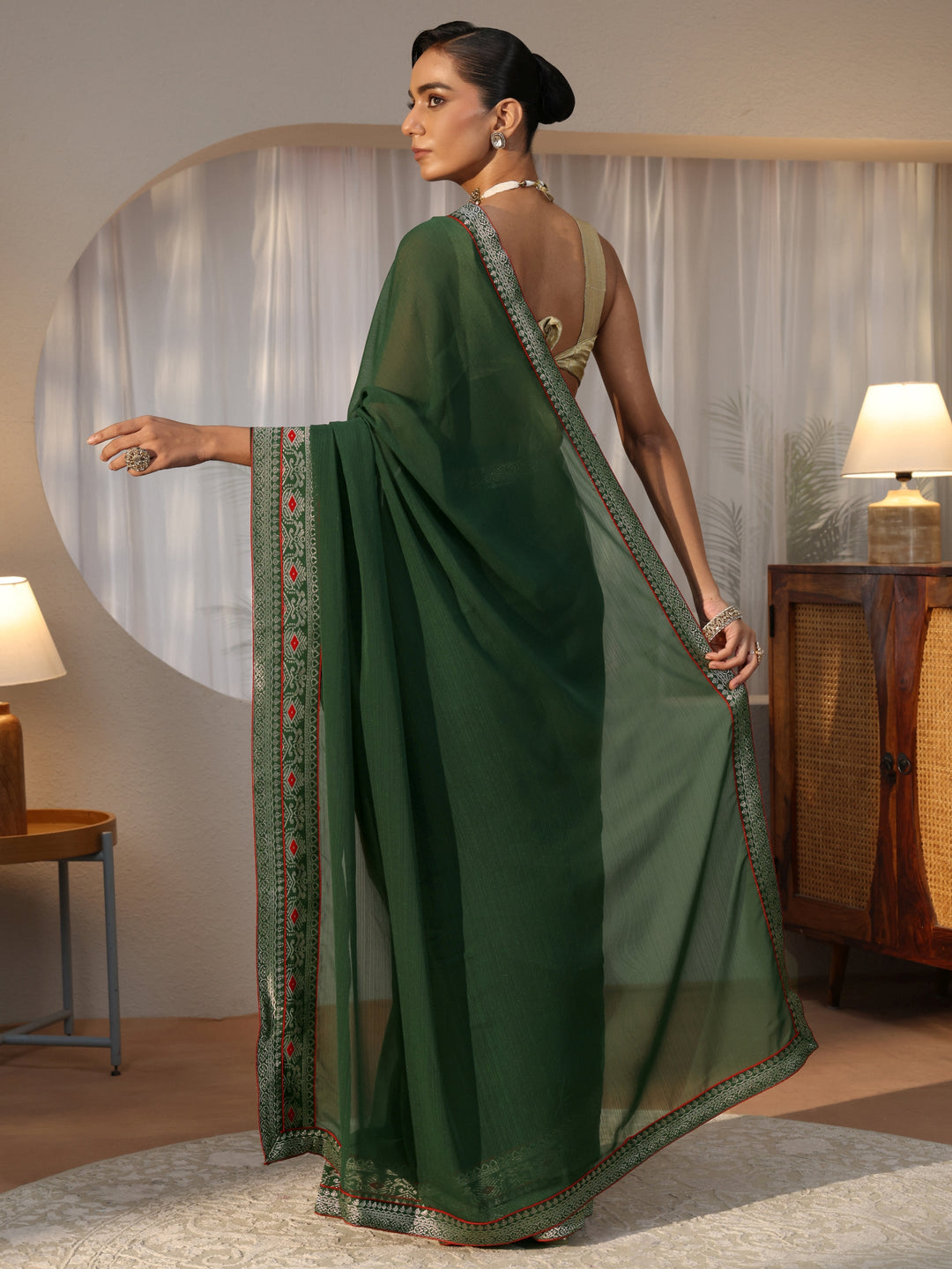  Bottle Green Chiffon Pre Draped Saree 