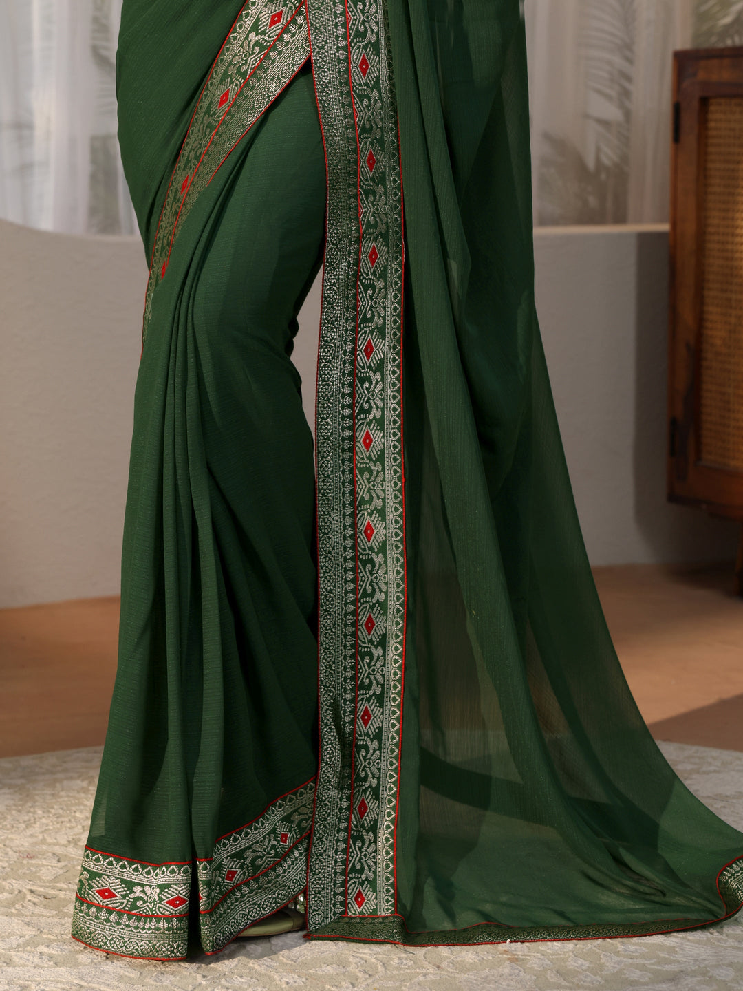  Bottle Green Chiffon Pre Draped Saree 