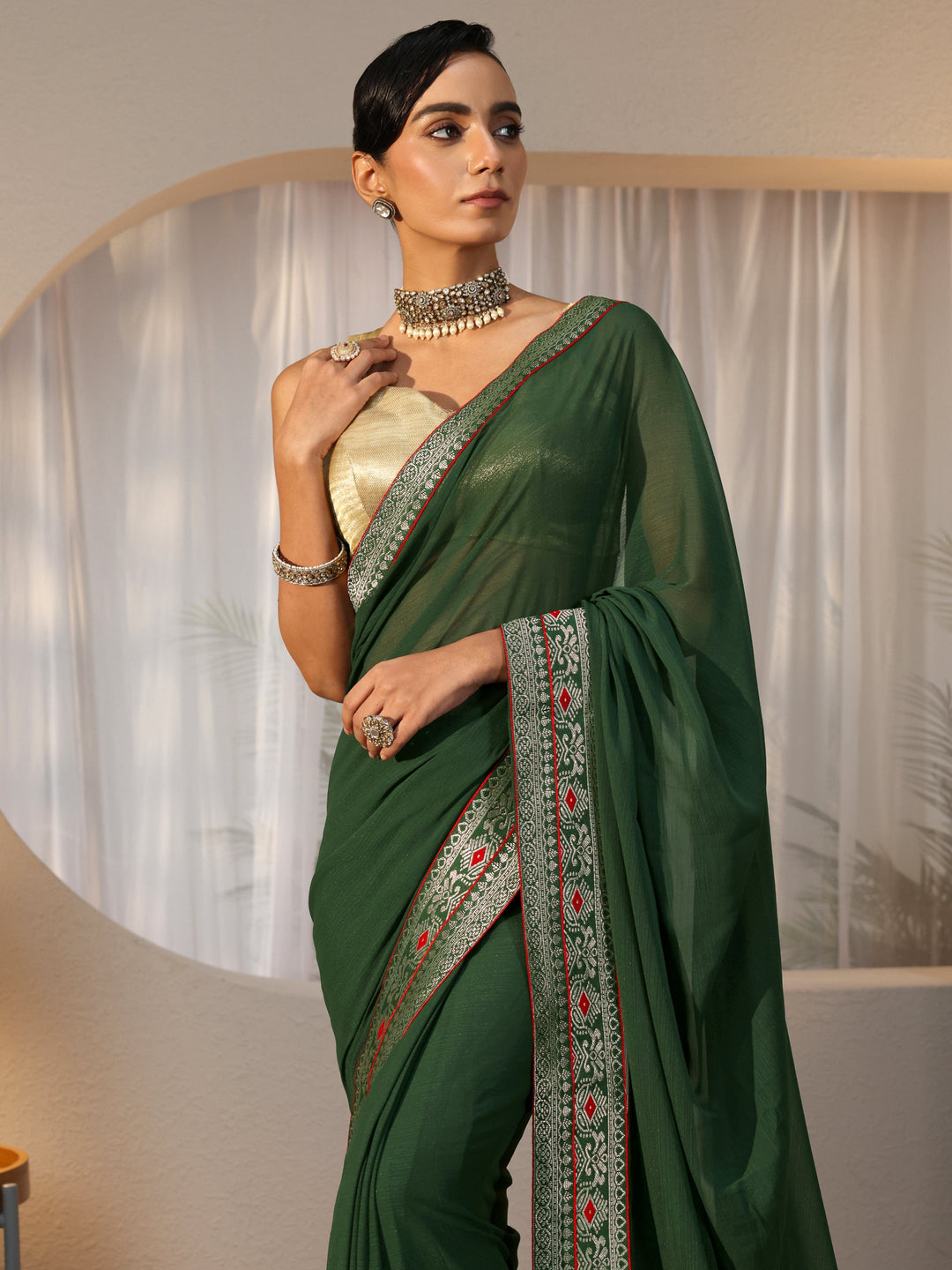  Bottle Green Chiffon Pre Draped Saree 