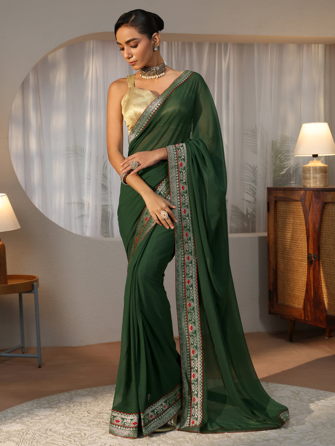  Bottle Green Chiffon Pre Draped Saree 