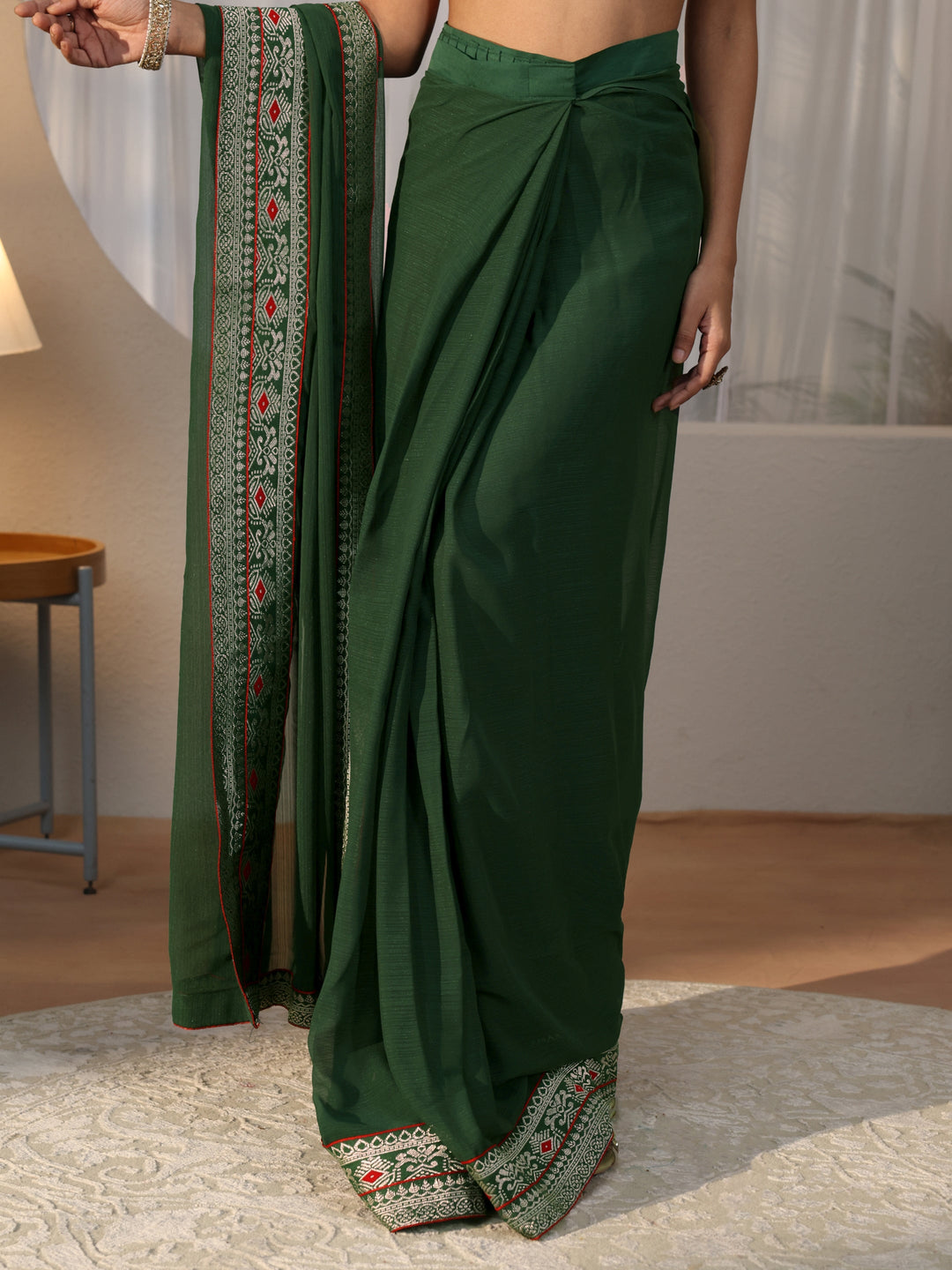  Bottle Green Chiffon Pre Draped Saree 