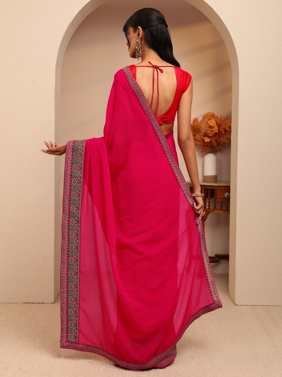  Pink Chiffon Pre-Draped Saree 