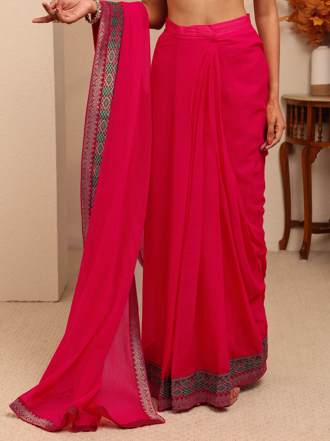  Pink Chiffon Pre-Draped Saree 