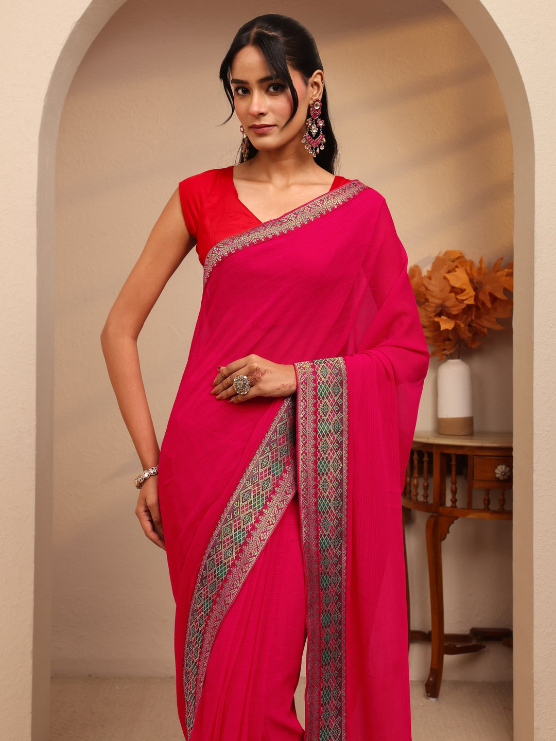  Pink Chiffon Pre-Draped Saree 