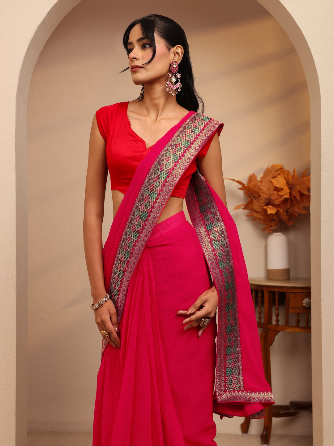  Pink Chiffon Pre-Draped Saree 