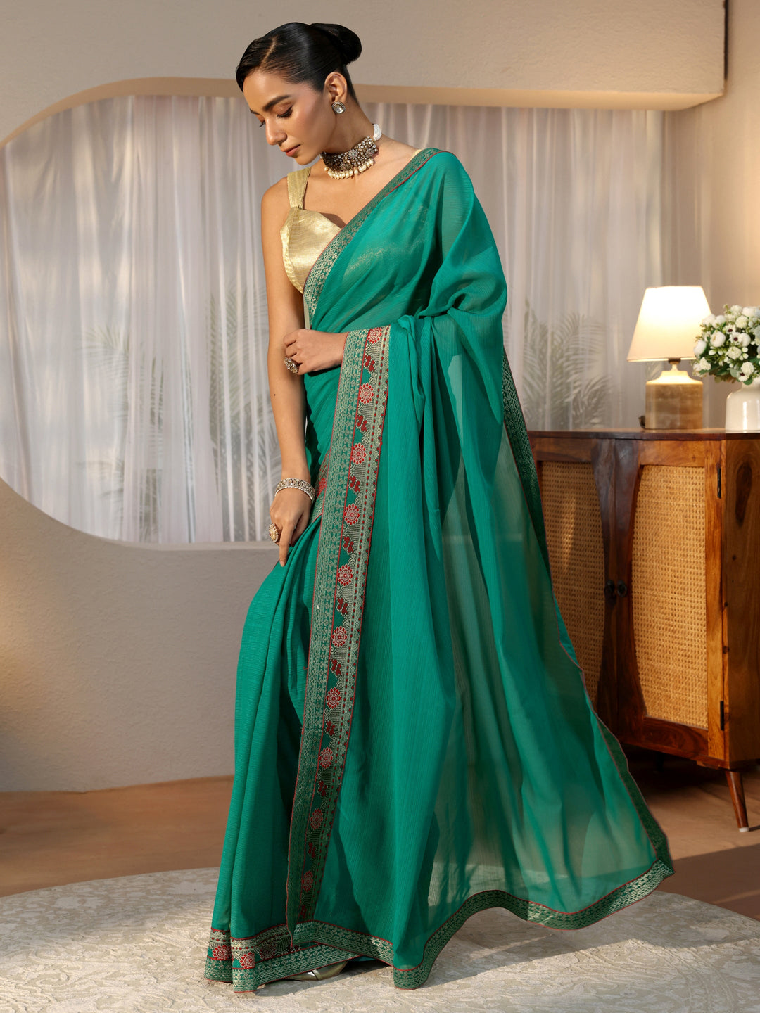  Teal Green Chiffon Pre Draped Saree 
