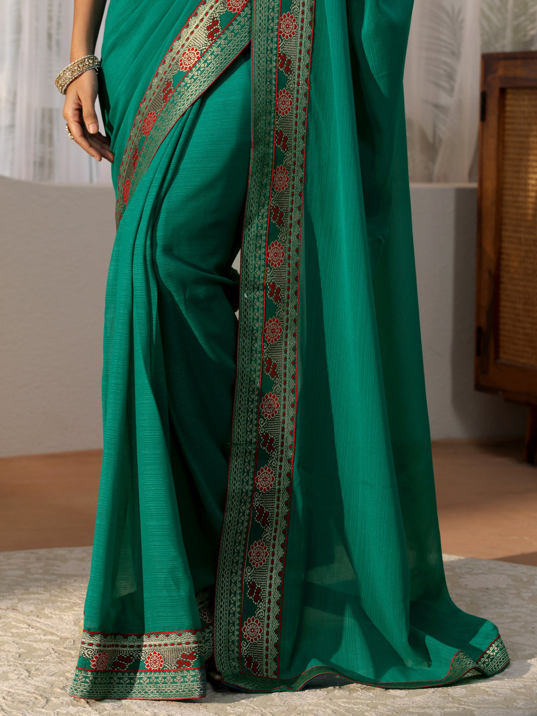  Teal Green Chiffon Pre Draped Saree 