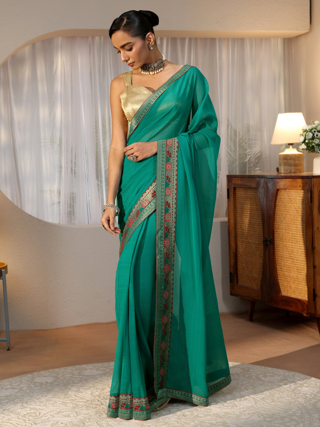  Teal Green Chiffon Pre Draped Saree 