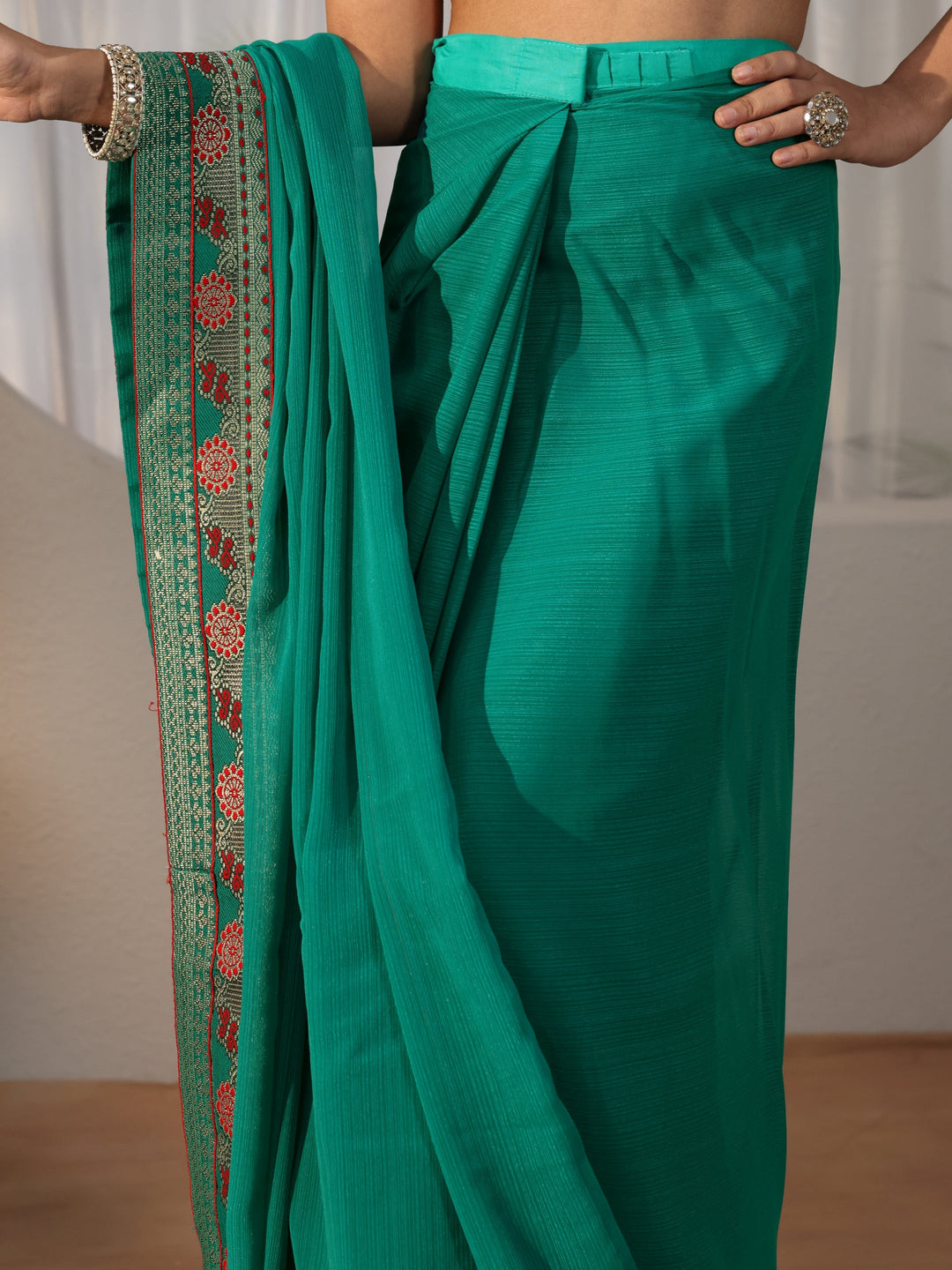  Teal Green Chiffon Pre Draped Saree 