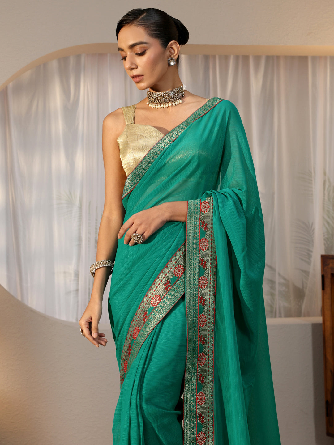  Teal Green Chiffon Pre Draped Saree 