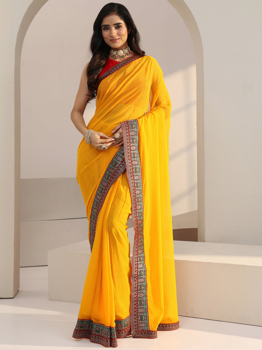  Mustard Chiffon Pre Draped Saree 