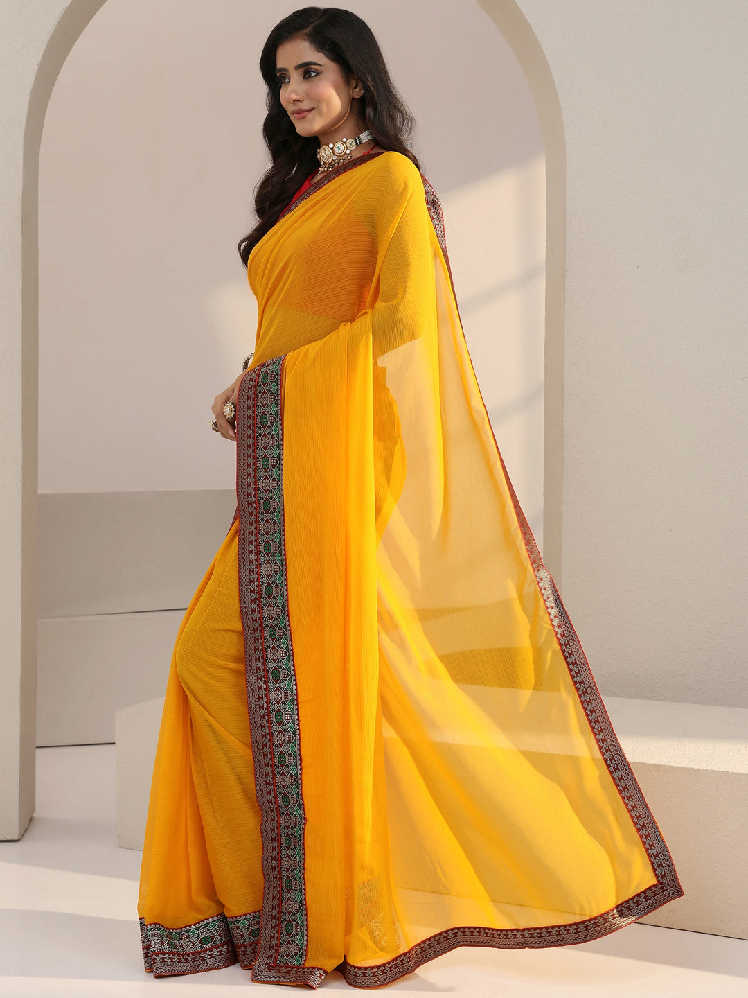  Mustard Chiffon Pre Draped Saree 