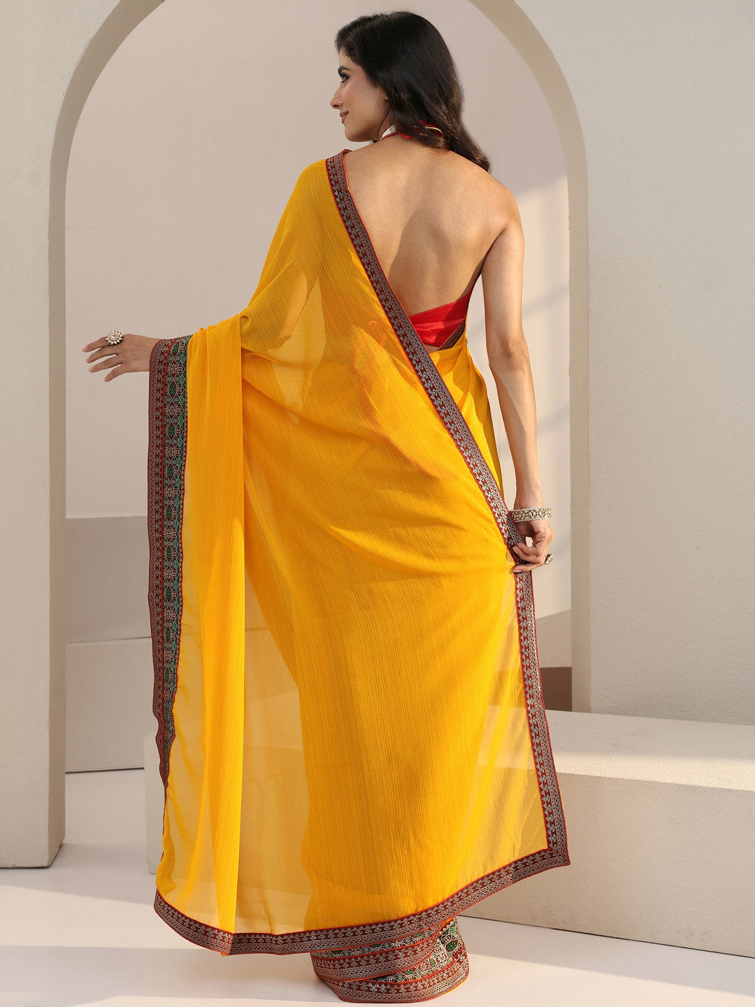  Mustard Chiffon Pre Draped Saree 