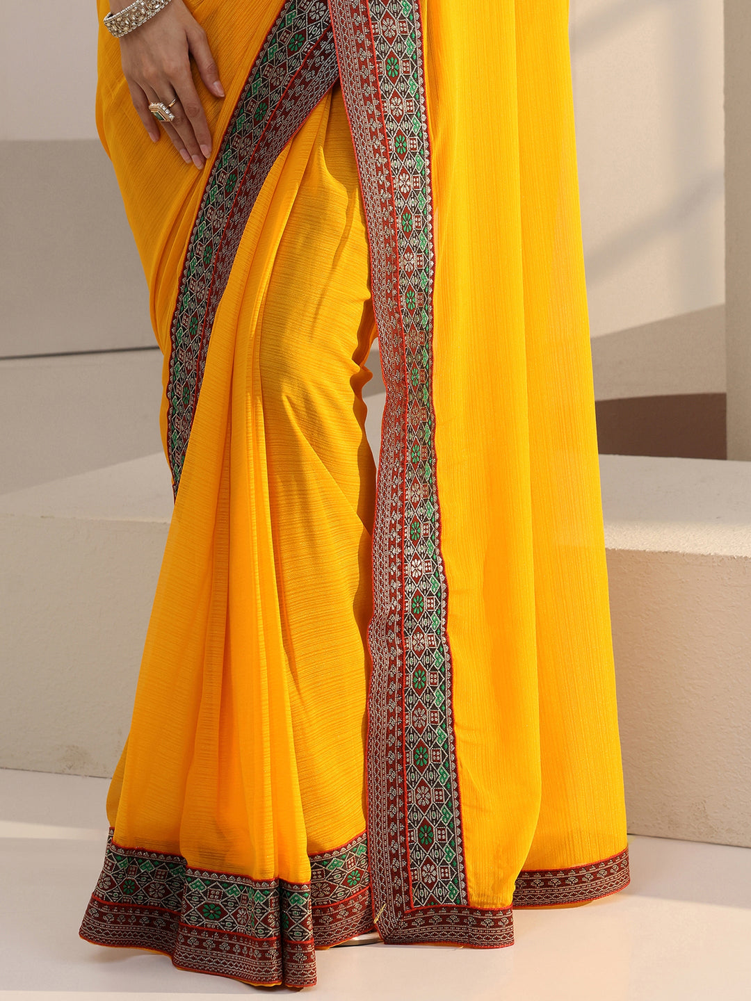  Mustard Chiffon Pre Draped Saree 