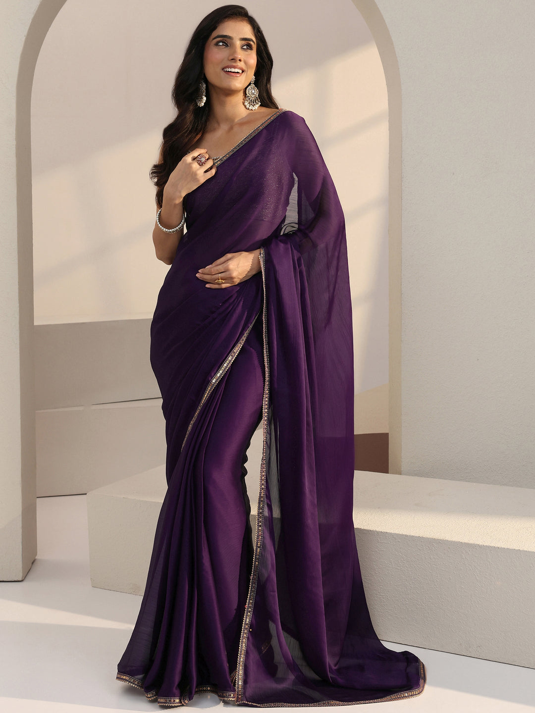  Dark Purple Chiffon Pre Draped Saree 