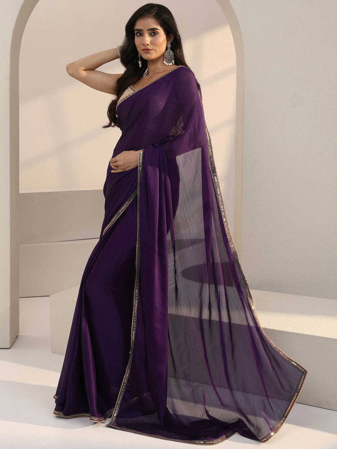  Dark Purple Chiffon Pre Draped Saree 