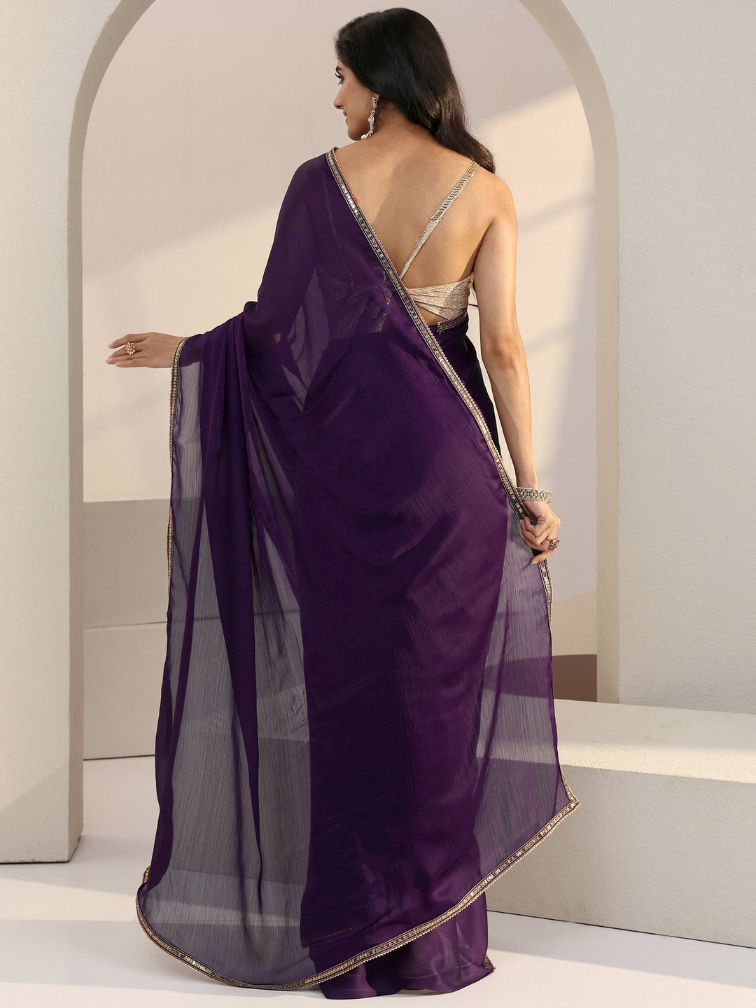  Dark Purple Chiffon Pre Draped Saree 