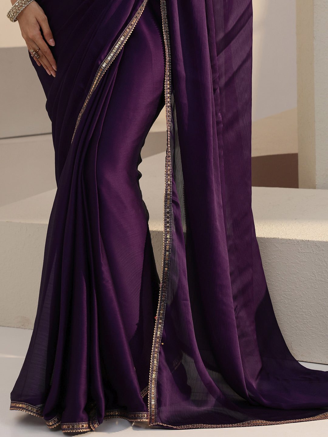  Dark Purple Chiffon Pre Draped Saree 