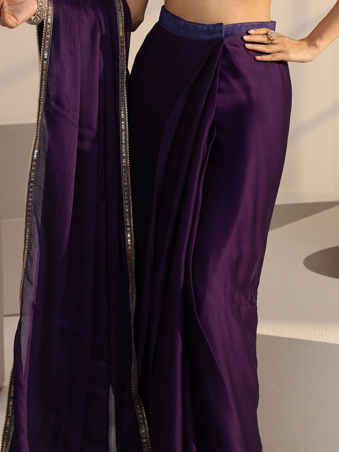  Dark Purple Chiffon Pre Draped Saree 