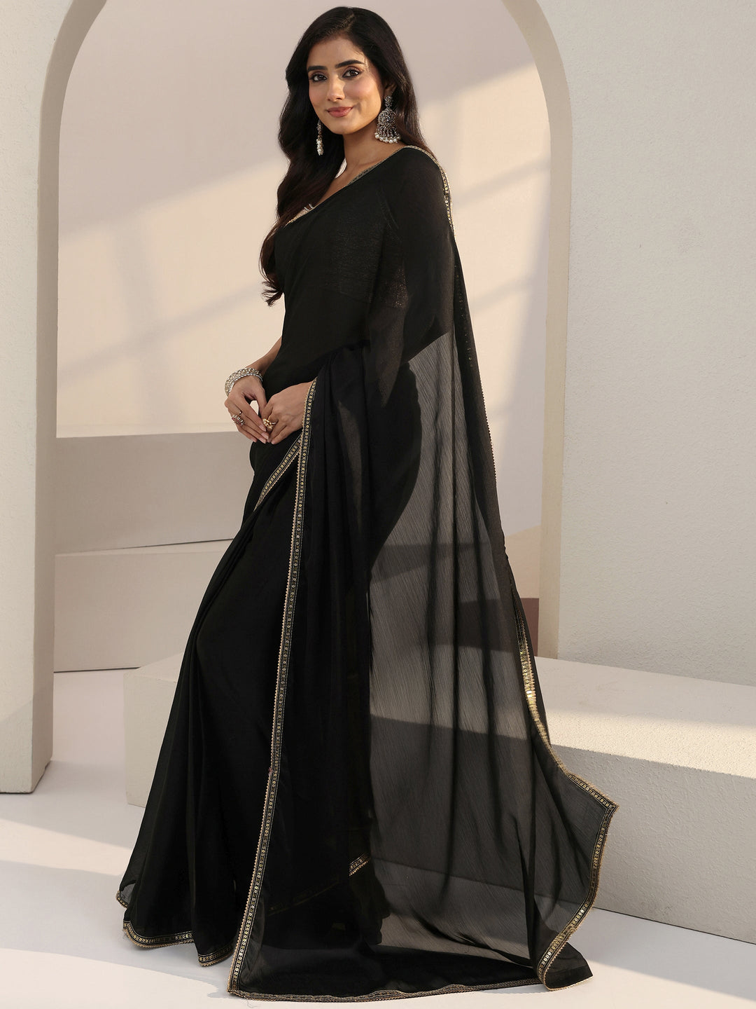  Black Chiffon Pre Draped Saree 