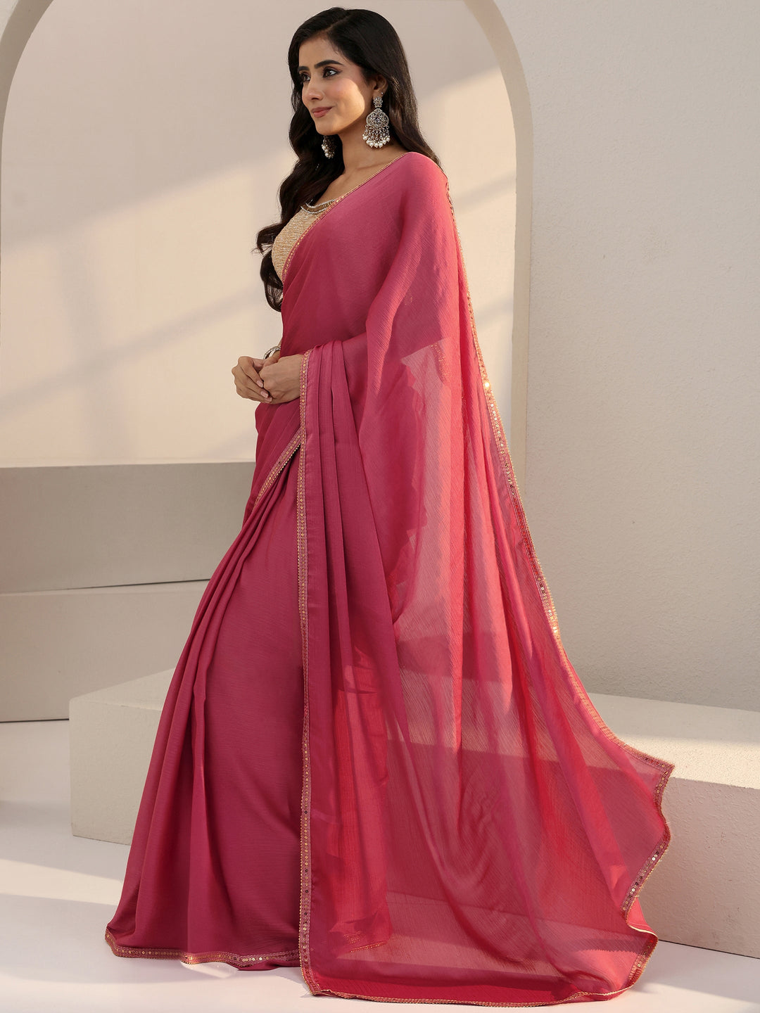  Peach Chiffon Pre Draped Saree 